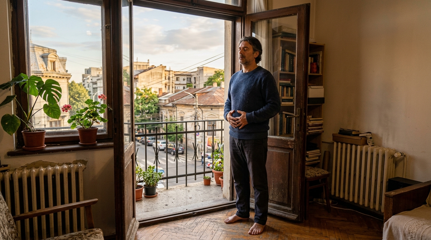 Bărbat respirând calm pe un balcon vechi din București